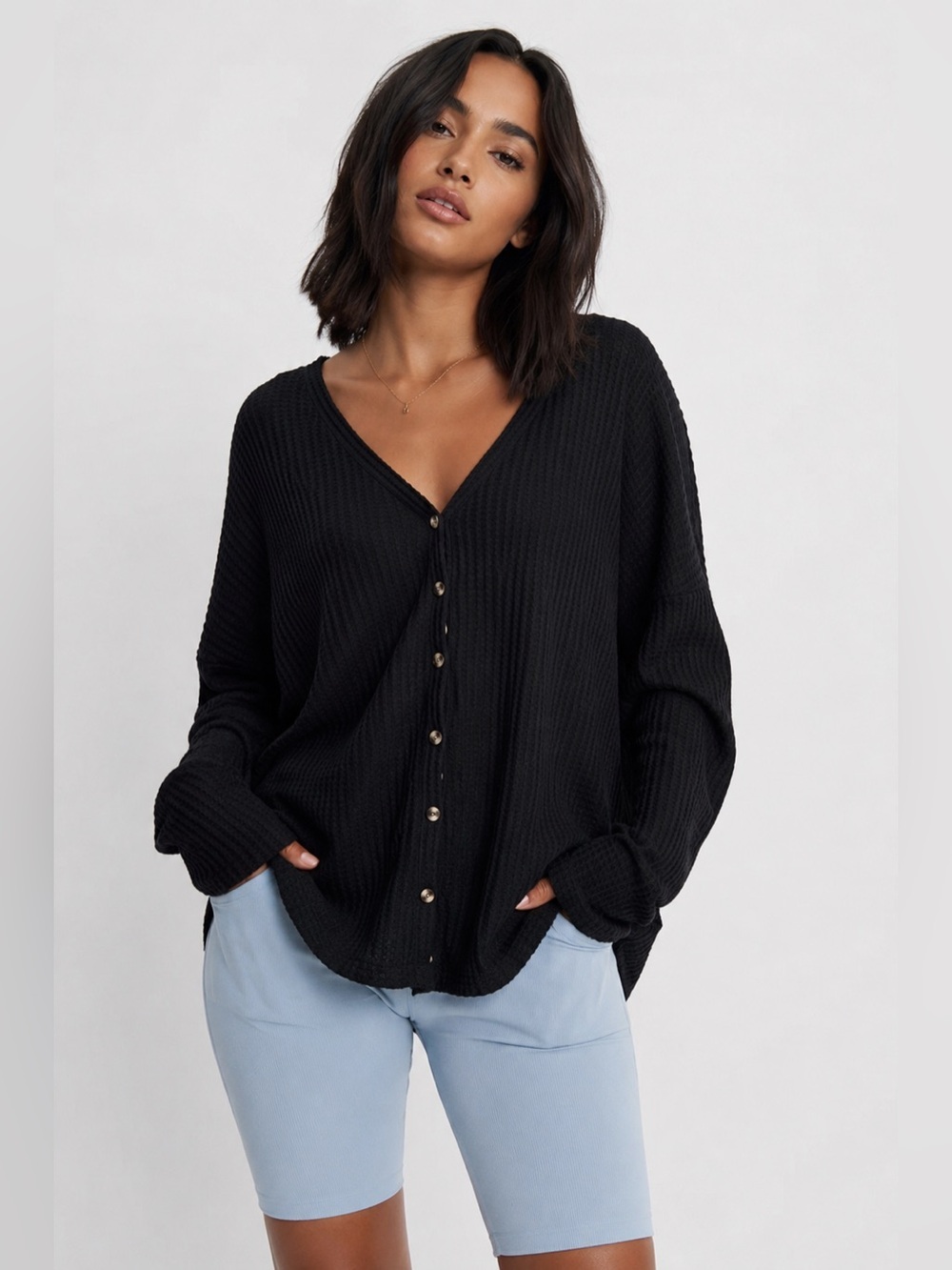NWT UO Out from Under Jojo‎ Black Waffle Knit Slouch Button Thermal Retails $44